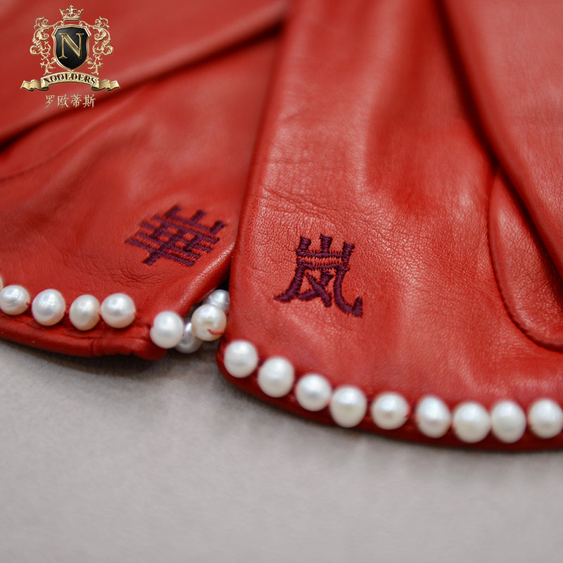 Privately customized series of light and luxurious natural pearl decoration Italian imported NAPPA lambskin lady's short leather glovesW-189.1