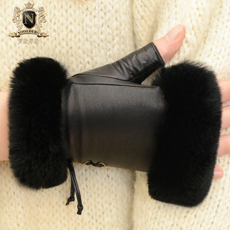 New Leather Gloves, Individual Fur Gloves, Cute Girl Rex Rabbit Hair Typing and Finger Cutting GlovesW-102