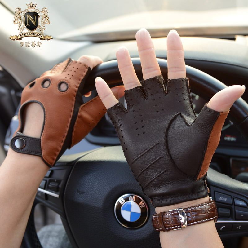 Men's FINGERLESS Leather Gloves Blackbrown Deerskin 