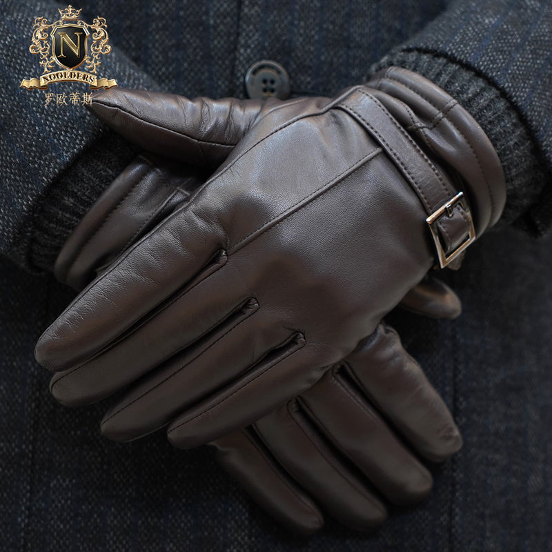 Leather Gloves Men's Winter Warm and Fleece Thickened Sheepskin Gloves for Cycling Motorcycle Windbreak Touch ScreenM-108
