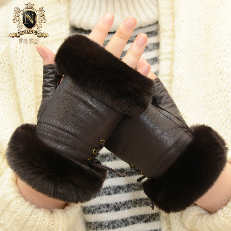 New Leather Gloves, Individual Fur Gloves, Cute Girl Rex Rabbit Hair Typing and Finger Cutting GlovesW-102
