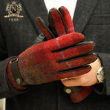 British retro Harris tweed men's winter Plush thicker thermal touch screen leather glovesM-62