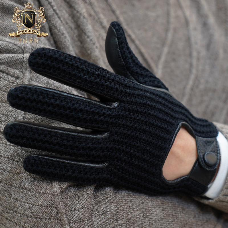 Men's touch screen leather gloves knitted back thin skid-proof motorcycle leather gloves in autumn and winterM-109