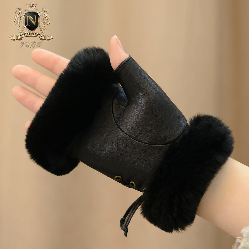 Knit Rex Rabbit Fur Fingerless Gloves